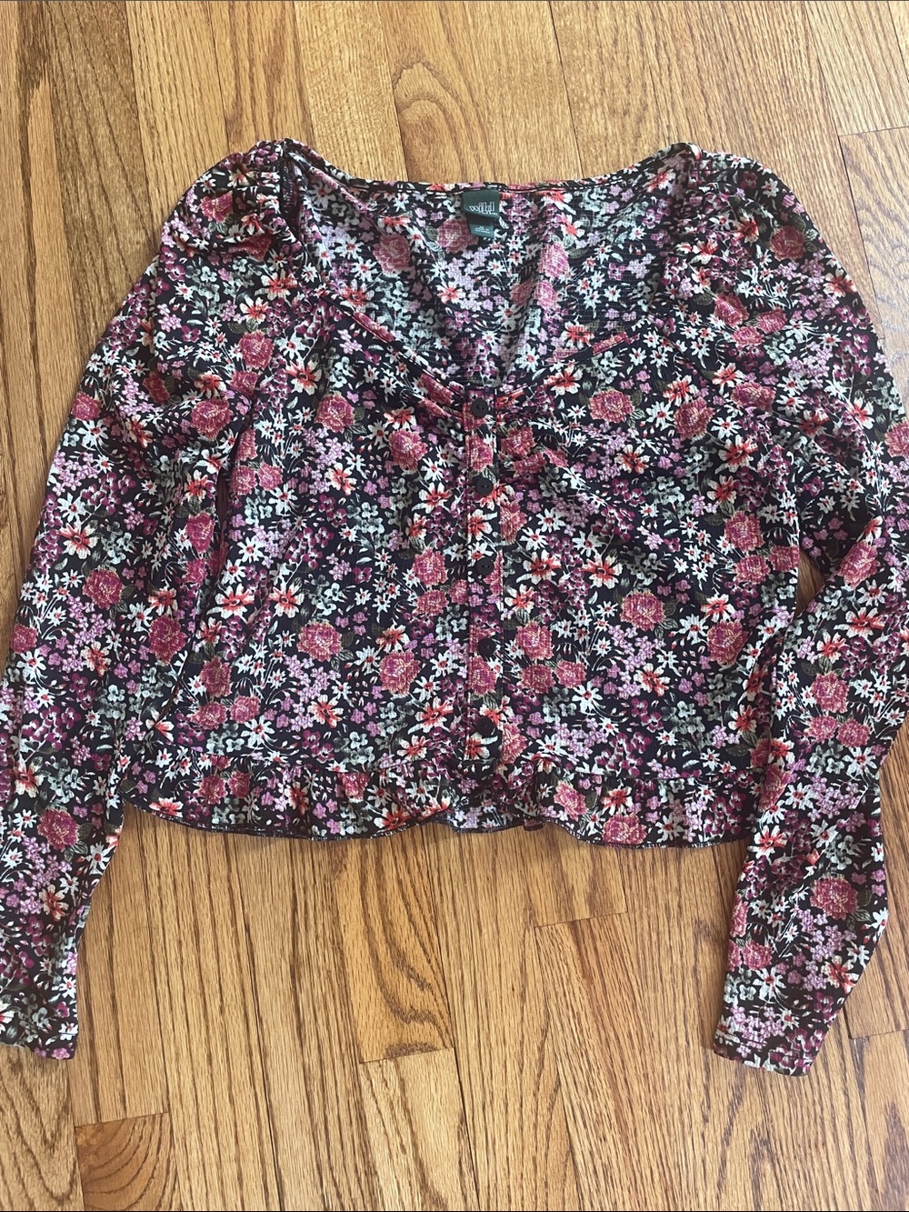 Wild Fable  Floral Button-Front Long Sleeve Top - Pink, Black, Green Medium